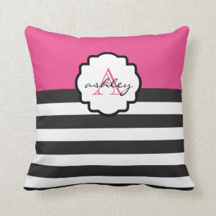 Pink and Black Bold Stripe Monogram Pillow