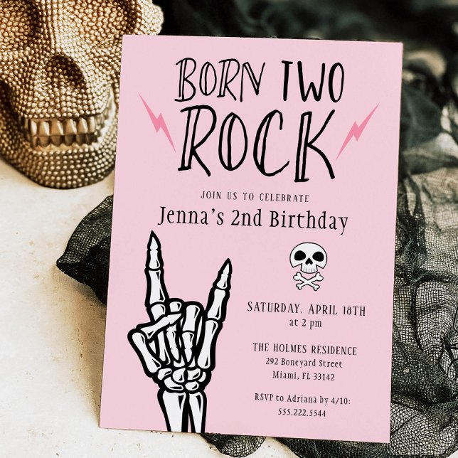 Pink and Black Born Two Rock 2nd Birthday Party Invitation (Creator Uploaded)
