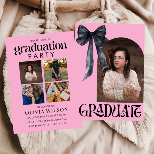 Pink and Black Bow Graduation with Photos Invitation (Creator Uploaded)