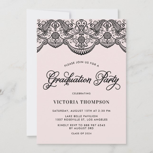 Pink and Black Brocade Lace Graduation Party Invitation (Front)