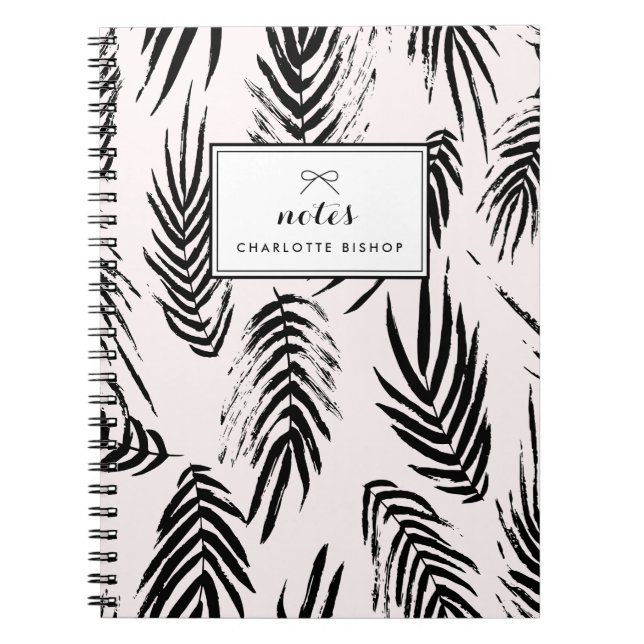 Pink and Black Brush Palm Leaves Pattern Custom Spiral Notebook (Front)