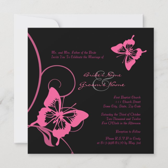 Pink and Black Butterfly Wedding Invitation (Front)