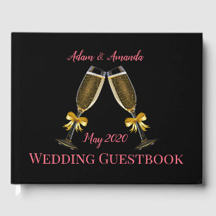 Pink and black champagne glasses wedding guest book