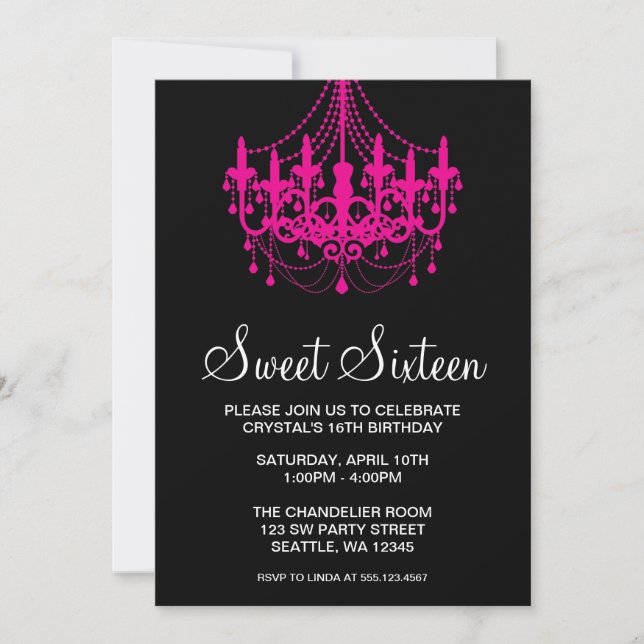 Pink and Black Chandelier Sweet Sixteen Birthday Invitation (Front)