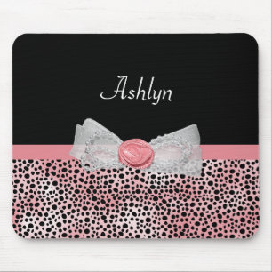 Pink and Black Cheetah Print Cute Bow With Name Mouse Pad
