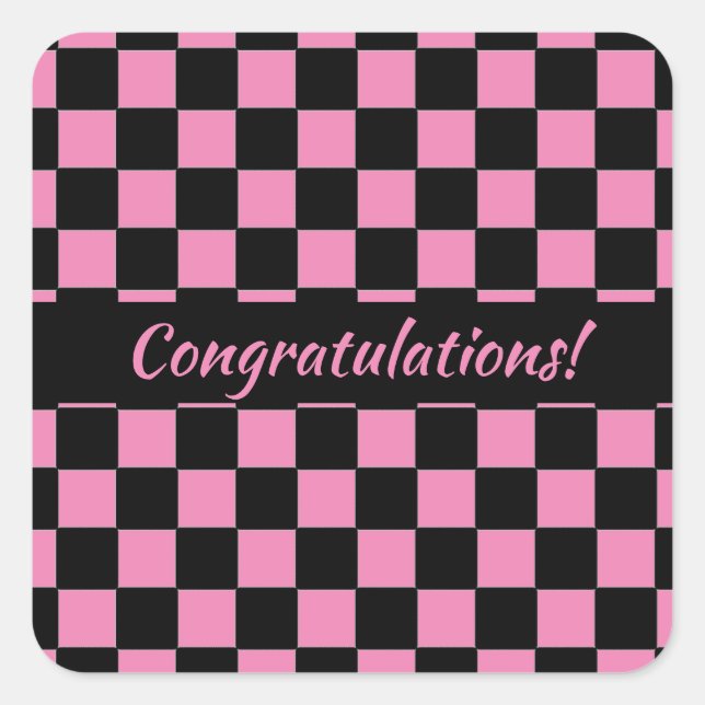 Pink and Black Chequerboard Custom Square Sticker (Front)