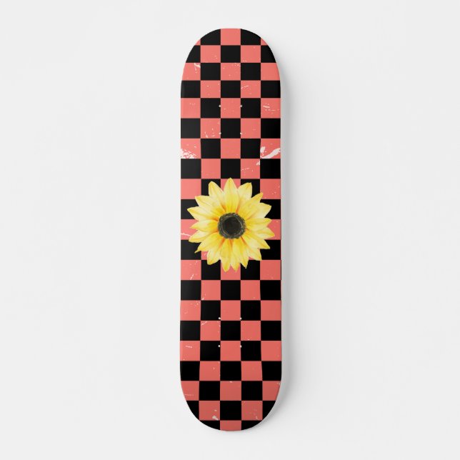 pink and black Chequered & Sunflower  Skateboard (Front)