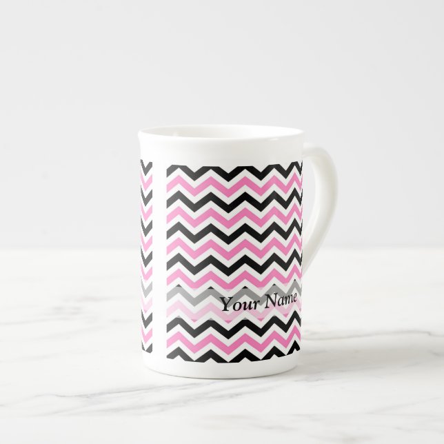 Pink and black chevron pattern bone china mug (Front Right)