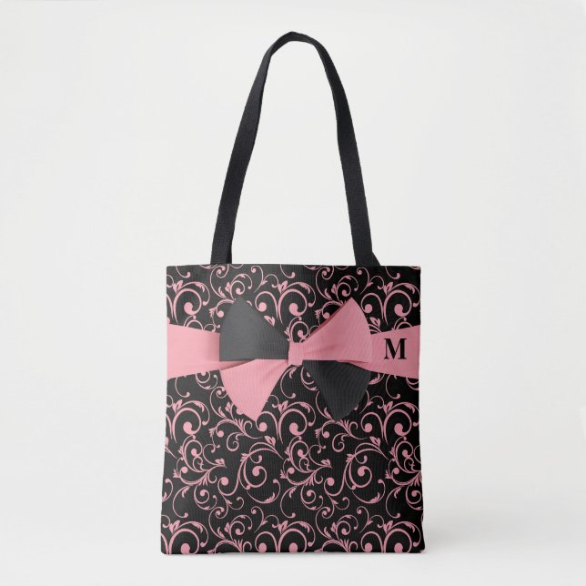 Pink and Black Chic Royal Floral Pattern Monogram Tote Bag (Front)