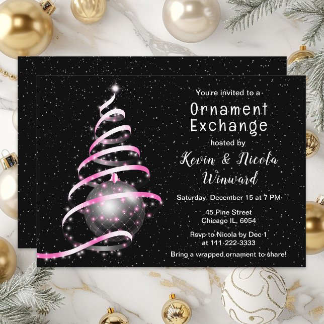 Pink and Black Christmas Ornament Exchange Invitation (Creator Uploaded)
