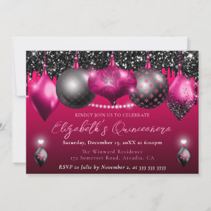 Pink and Black Christmas Ornament Quinceanera Invitation