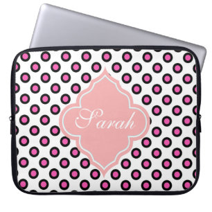 pink and black circle polka dots monogram laptop sleeve