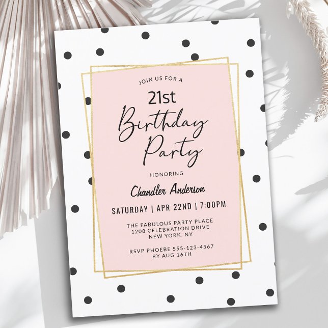 Pink and Black Confetti Dots 21st Birthday Party Invitation (This invitation can be edited for ANY age!)