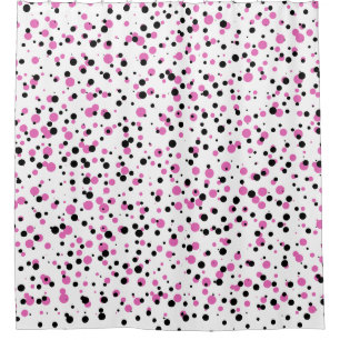 Pink and Black Confetti Dots Pattern on White Shower Curtain
