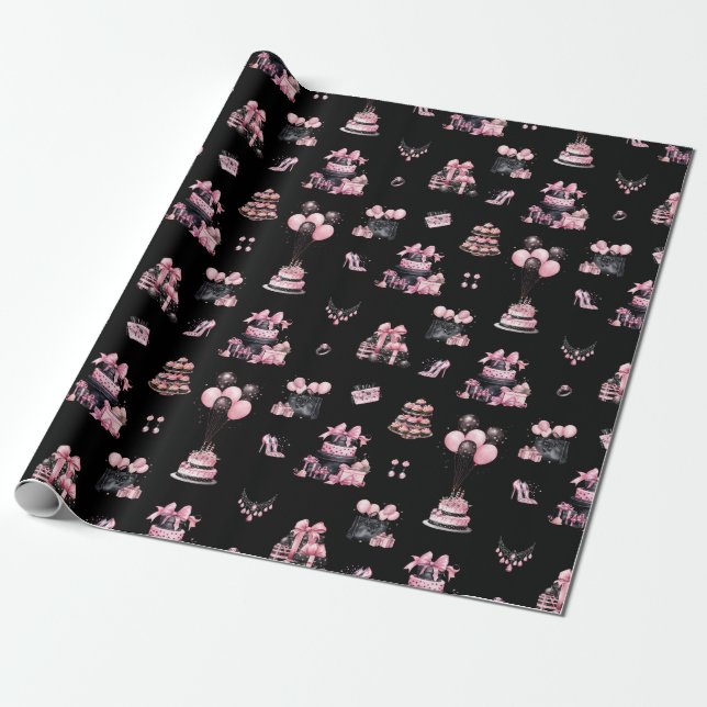 Pink and Black Couture Fashion Birthday Pattern Wrapping Paper (Unrolled)