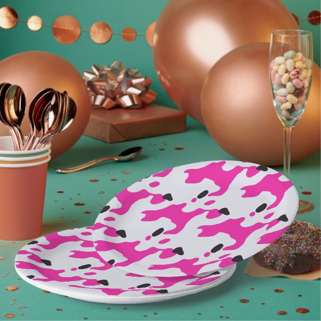 Pink and Black Cow Print Pattern Paper Plate (Multi)