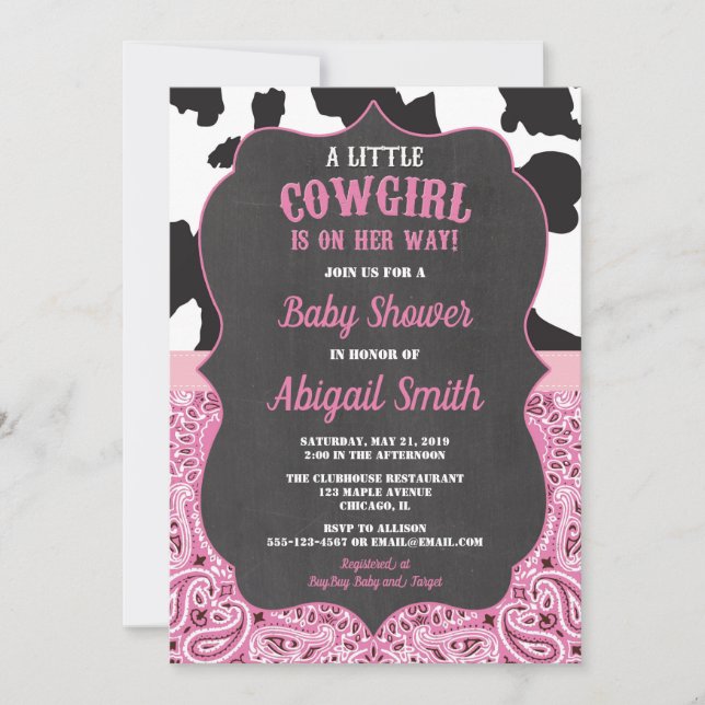 pink and black cowgirl baby shower girl invitation (Front)
