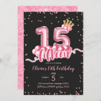 Pink and Black Crown Balloon Fifteen Birthday