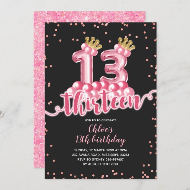 Pink and Black Crown Balloon Thirteen Birthday Invitation (Front/Back)