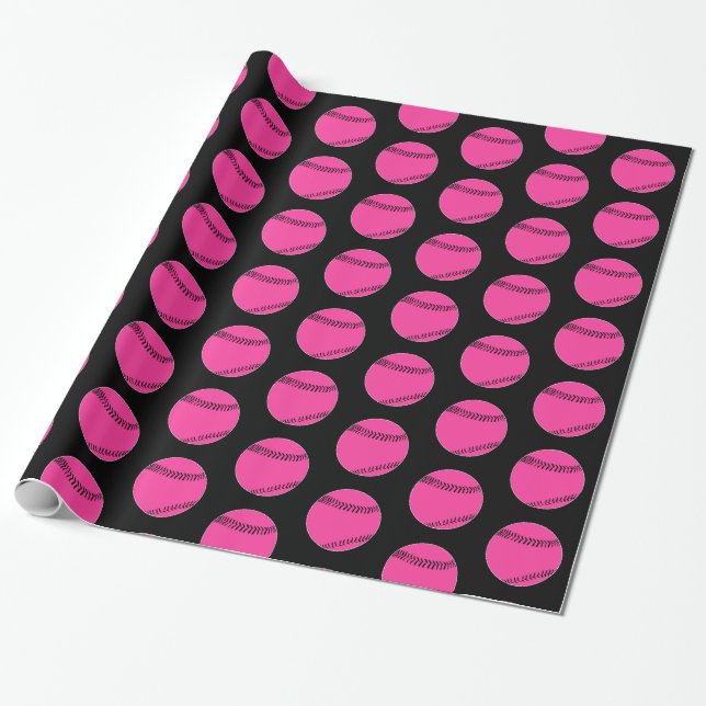 Pink and Black Cute Girls Fastpitch Softball Party Wrapping Paper (Unrolled)