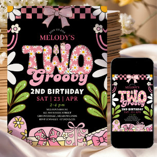 Pink and Black Daisy 2nd Birthday Retro Birthday Invitation