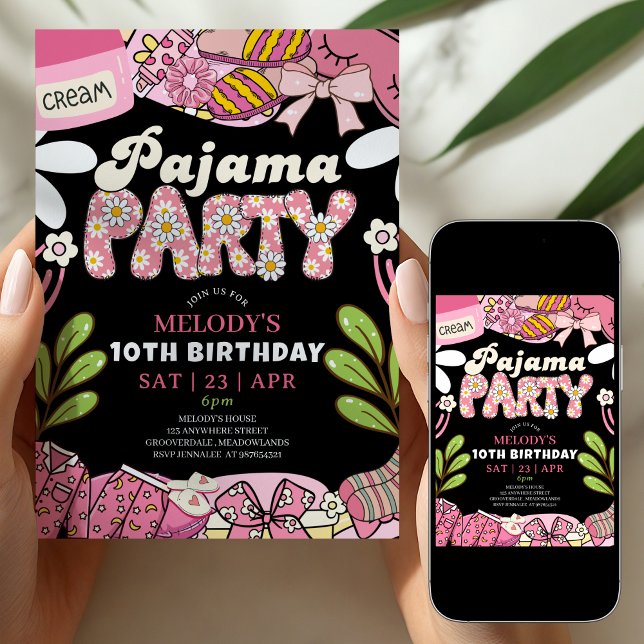 Pink and Black Daisy Pajama Party Birthday  Invitation (Creator Uploaded)