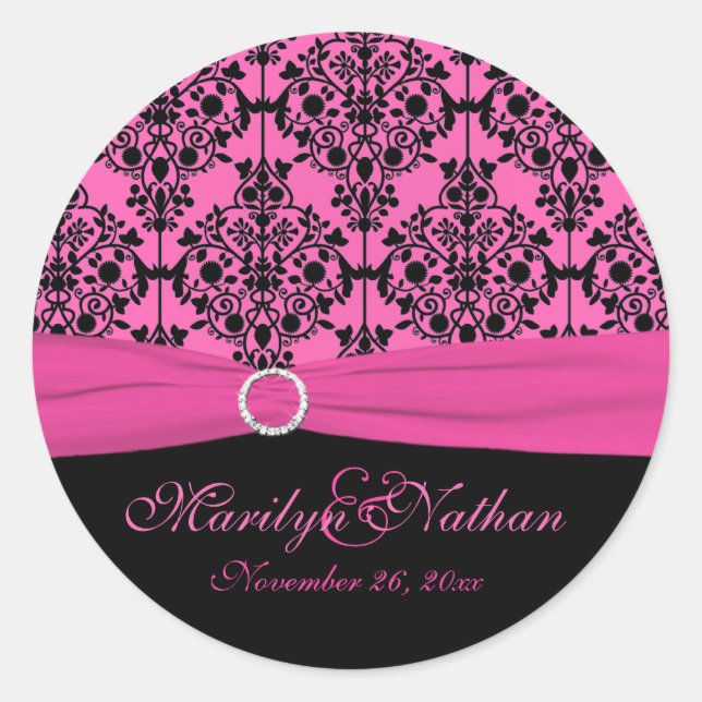 Pink and Black Damask 1.5" Round Sticker (Front)
