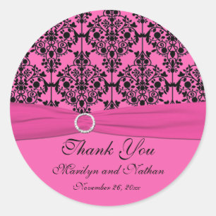 Pink and Black Damask 3" Round Sticker