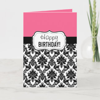 Pink and Black Damask, Birthday Card