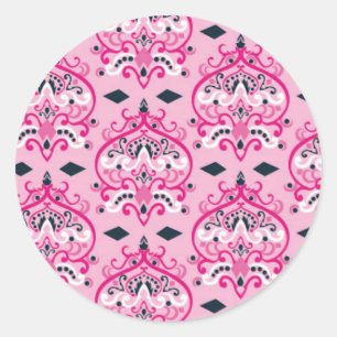 Pink and Black Damask Classic Round Sticker
