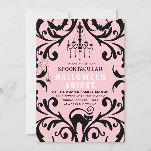 Pink and Black Damask Glam Halloween Soiree  Invitation (Front)