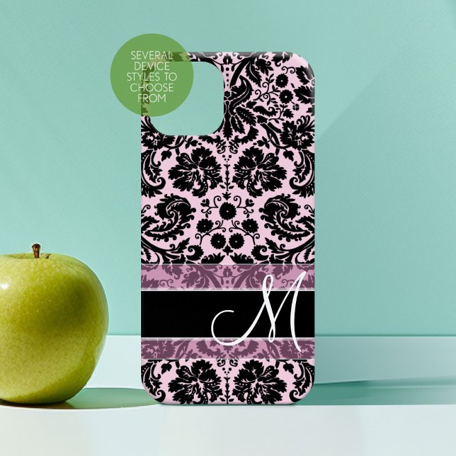 Pink and Black Damask Pattern with Monogram Case-Mate iPhone Case (Personalized Phone Case with Custom Monogram)