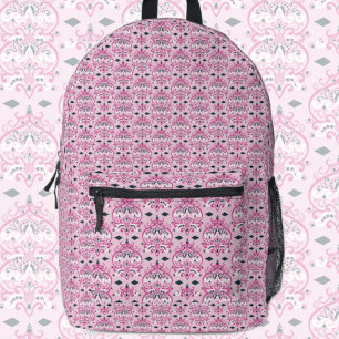 pink and black damask printed backpack