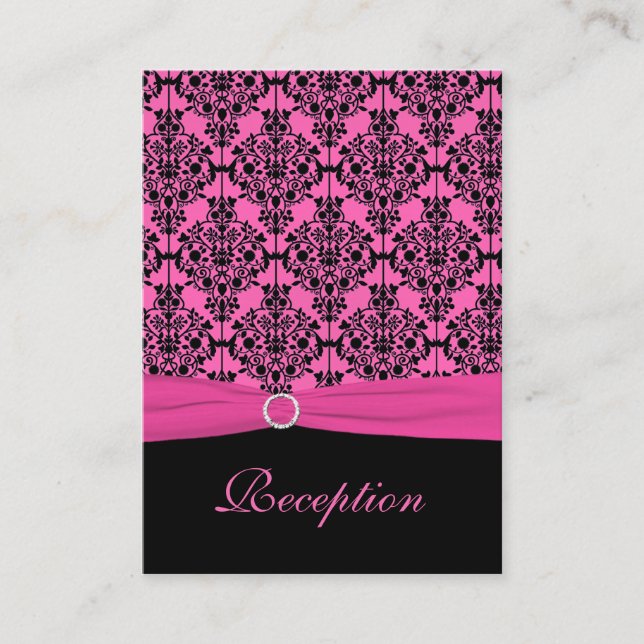 Pink and Black Damask Reception Card (Front)