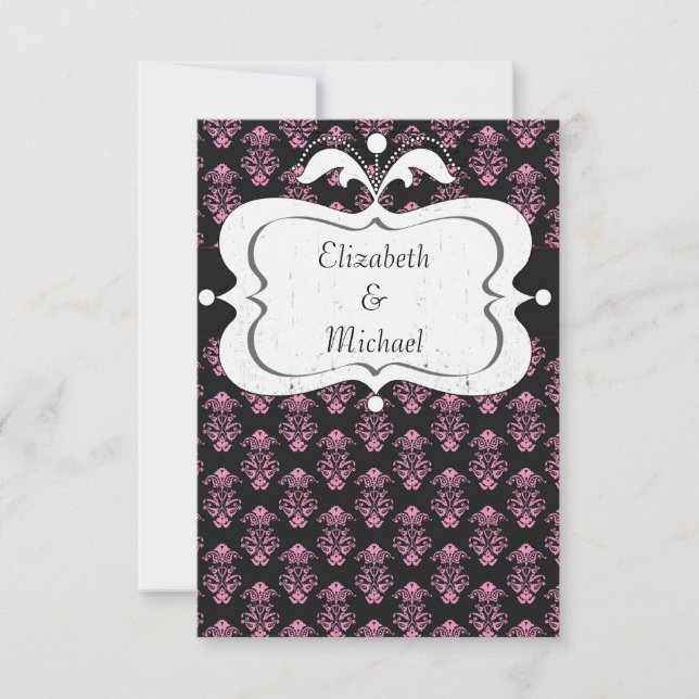 Pink and Black Damask Save the Date Cards (Front)