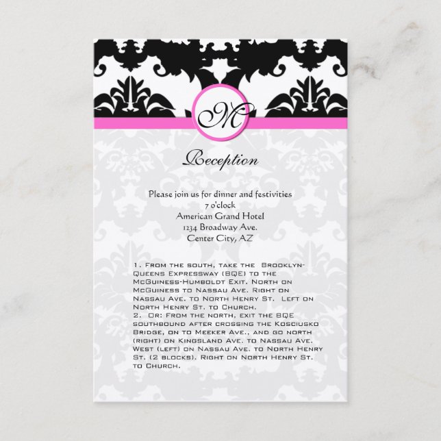 Pink and Black Damask Swirls Ditection Card (Front)