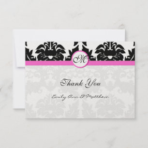 Pink and Black Damask Swirls Thank You Card