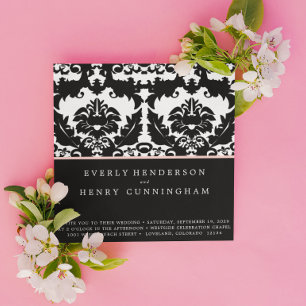 Pink and Black Damask Swirls Wedding Invitation
