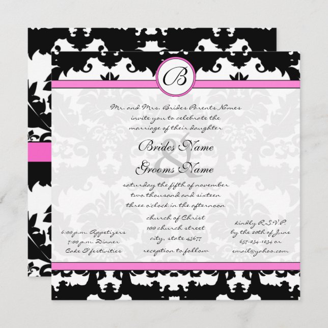 Pink and Black Damask Swirls Wedding Invitation (Front/Back)