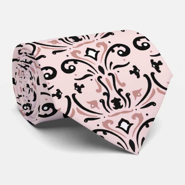 Pink and Black Damask Tie (Rolled)