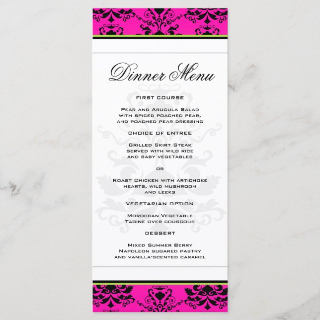 Pink and Black Damask w/ Green Slim Dinner Menu (Front)