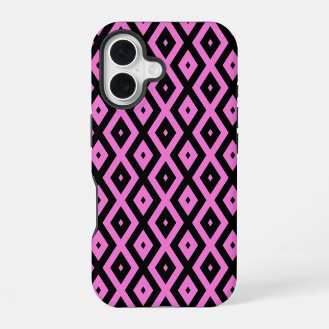 Pink and black diamond pattern iPhone 16 case (Back)