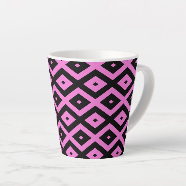 Pink and black diamond pattern latte mug (Right Angle)