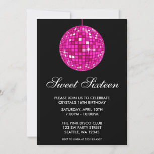 Pink and Black Disco Ball Sweet Sixteen Birthday Invitation