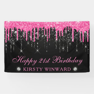 Pink and Black Dripping Glitter 21st Birthday Banner