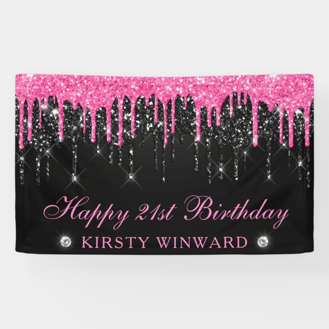 Pink and Black Dripping Glitter 21st Birthday Banner (Horizontal)