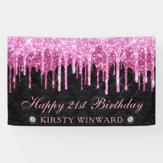 Pink and Black Dripping Glitter 21st Birthday Banner