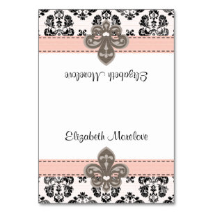 Pink and Black Fleur de Lis Tented Name Place Card