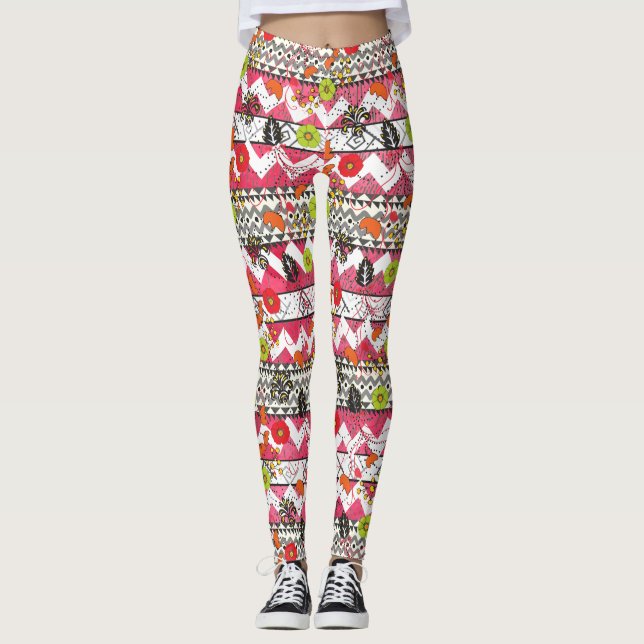 Pink and Black Floral Aztec Pattern Leggings (Front)