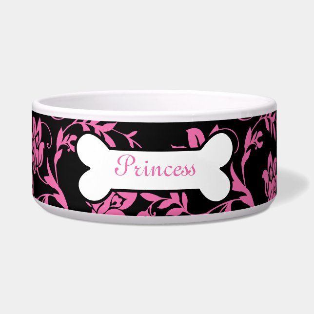 Pink and Black Floral Custom Pet Bowl - Dog (Front)